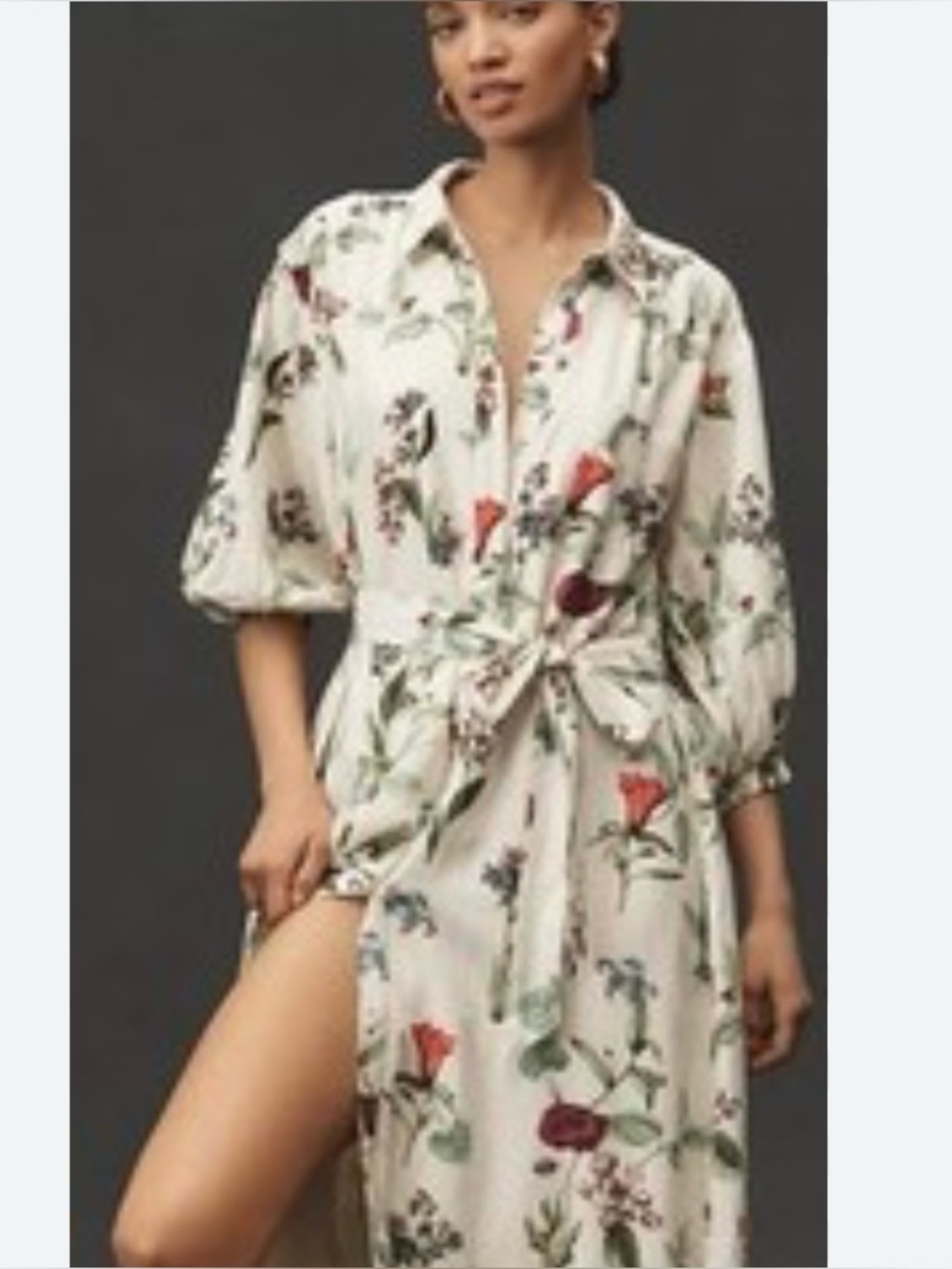 Anthropologie Maeve Floral Tie-Waist Midi Dress - White Floral